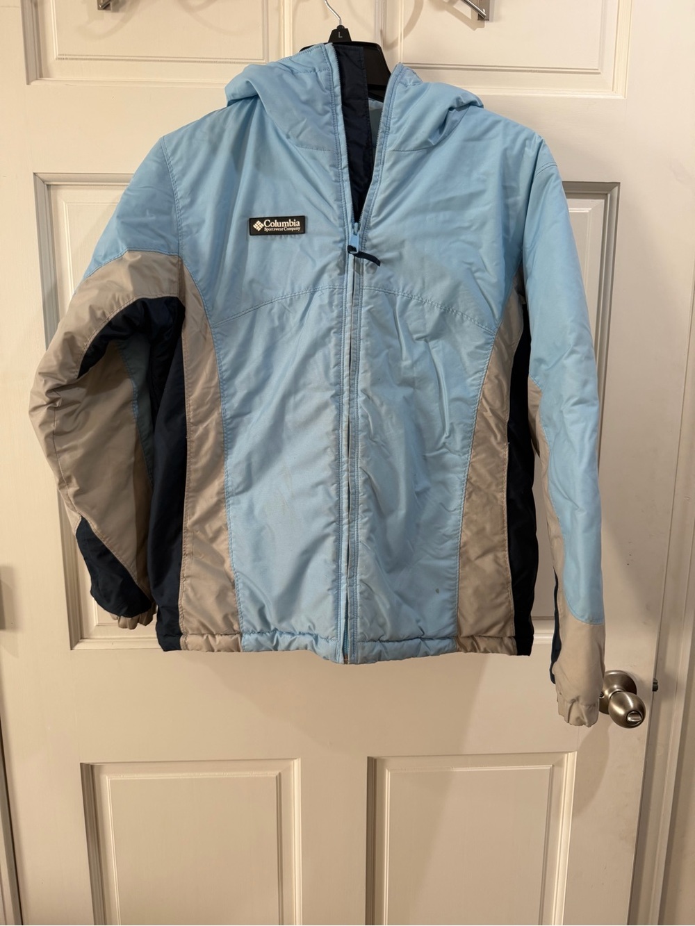 Columbia Light Blue, Gray & Navy Hooded Kids Puffer Jacket Size Large